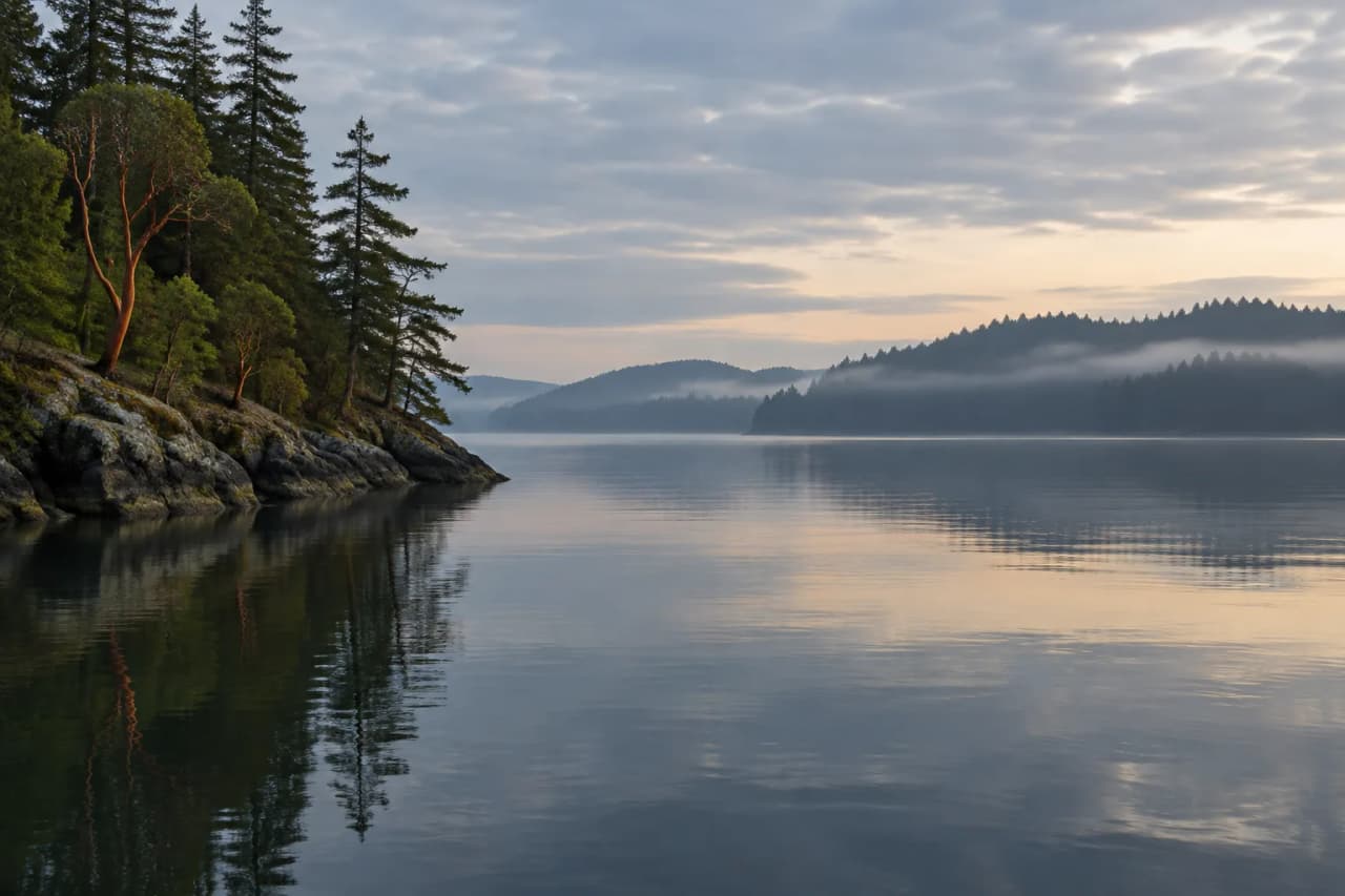A still Puget Sound inlet at first light with madrona and fir trees on a rocky shore