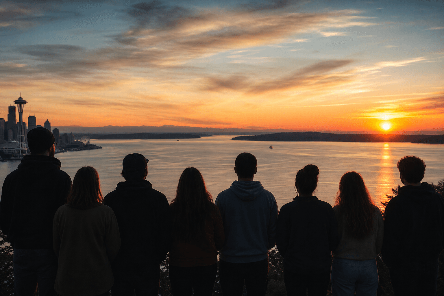 Group silhouetted against a Seattle sunset over Puget Sound — community in recovery