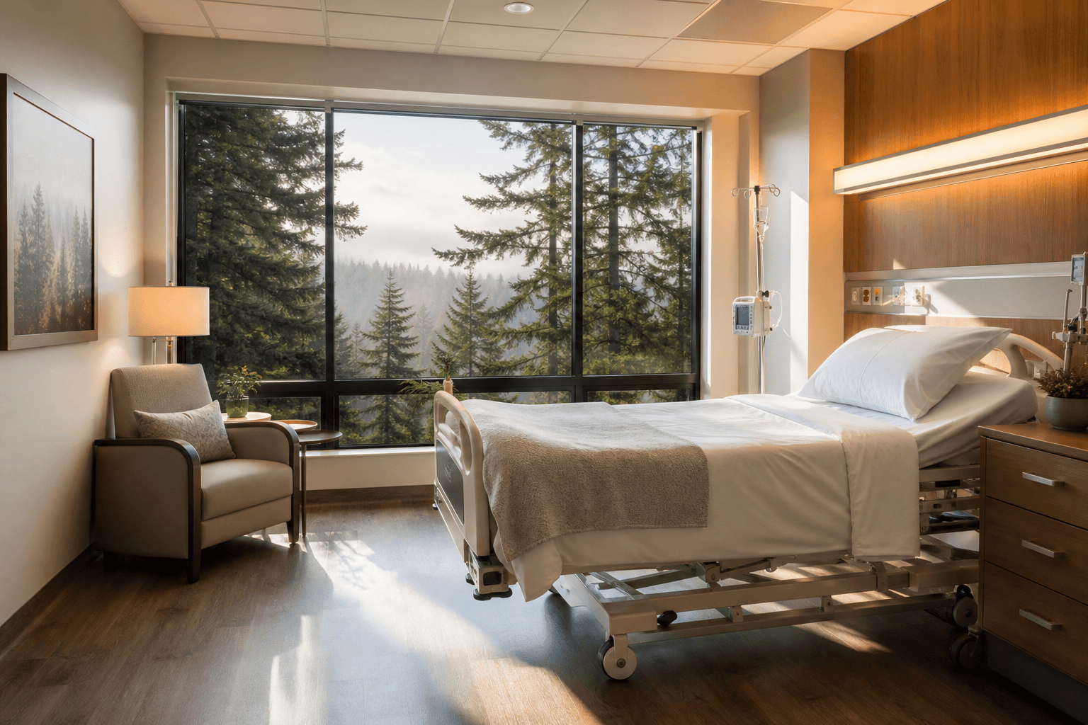 Medical wellness room with Pacific Northwest forest view at Mountain View Treatment