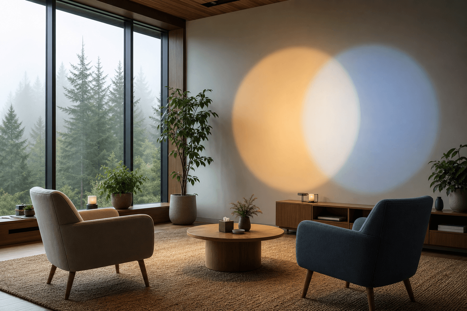 Serene Pacific Northwest therapy room suggesting the dual nature of mind and body healing