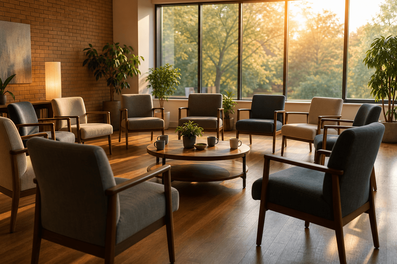 Chairs arranged in a welcoming circle in a warm community room with afternoon light — a recovery meeting space