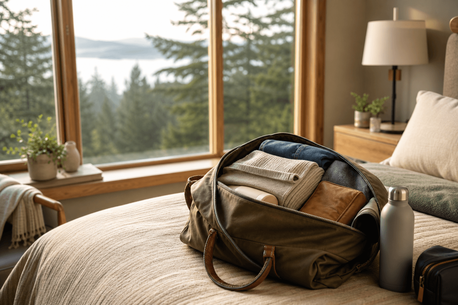 Packed bag on a bed with Pacific Northwest forest view, preparing for treatment