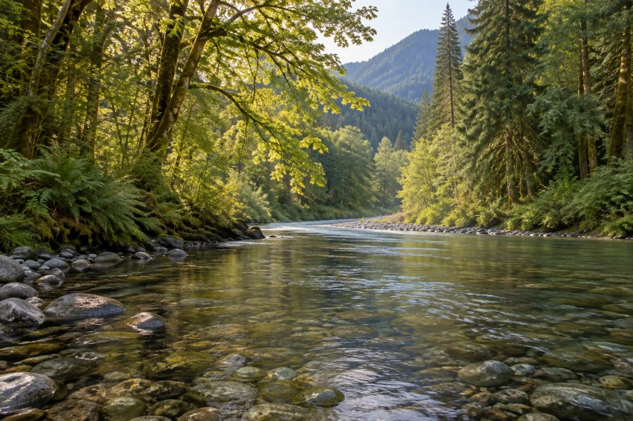 A clear river running over smooth stones through a forested Washington valley